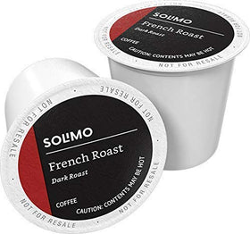 Amazon Brand Solimo French Roast coffee pods in box for convenient mornings.