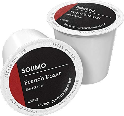 Amazon Brand Solimo French Roast coffee pods in box for convenient mornings.