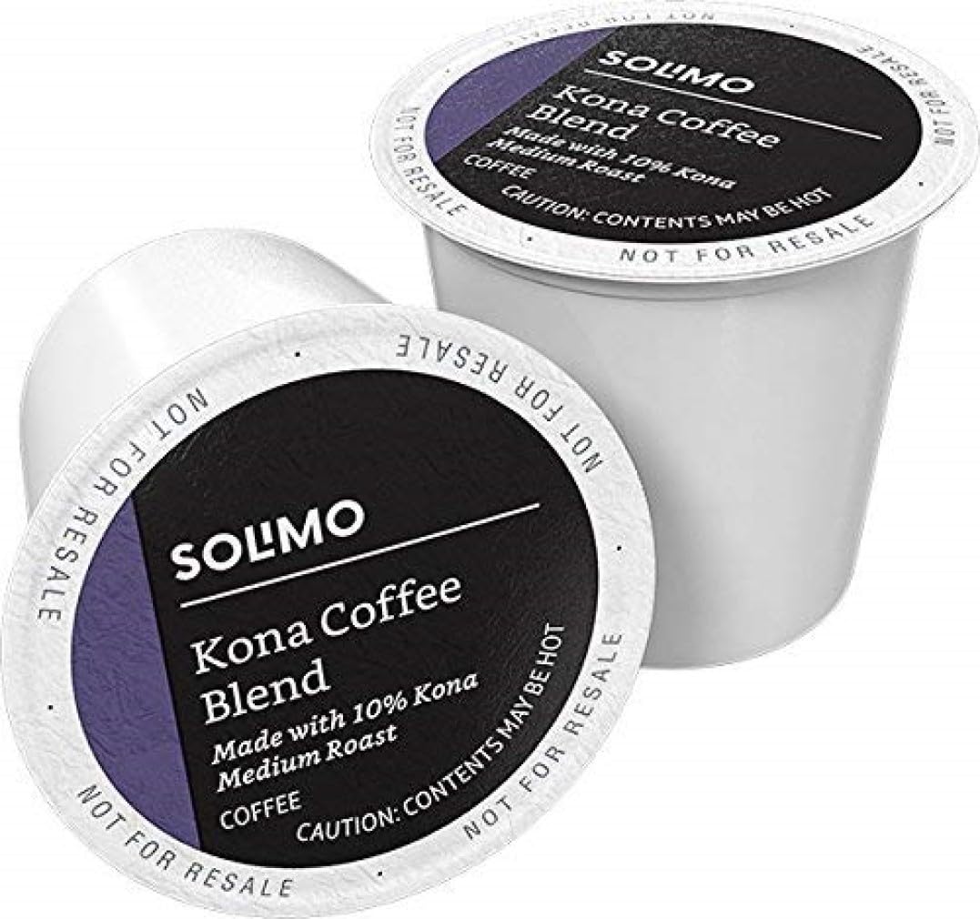 Solimo Kona Blend pods packaging shows a 100-count box for easy stocking and refills.