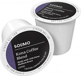 Solimo Kona Blend pods packaging shows a 100-count box for easy stocking and refills.
