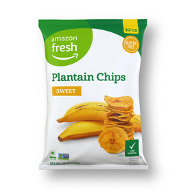 Amazon Fresh brand label visible on plantain chips bag, signaling value.