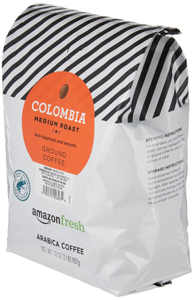 Amazon Fresh Colombia arabica beans closeup emphasizes high quality for flavorful cups.