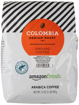 Amazon Fresh Colombia ground coffee 32oz bag showcases bold aroma for everyday brews.
