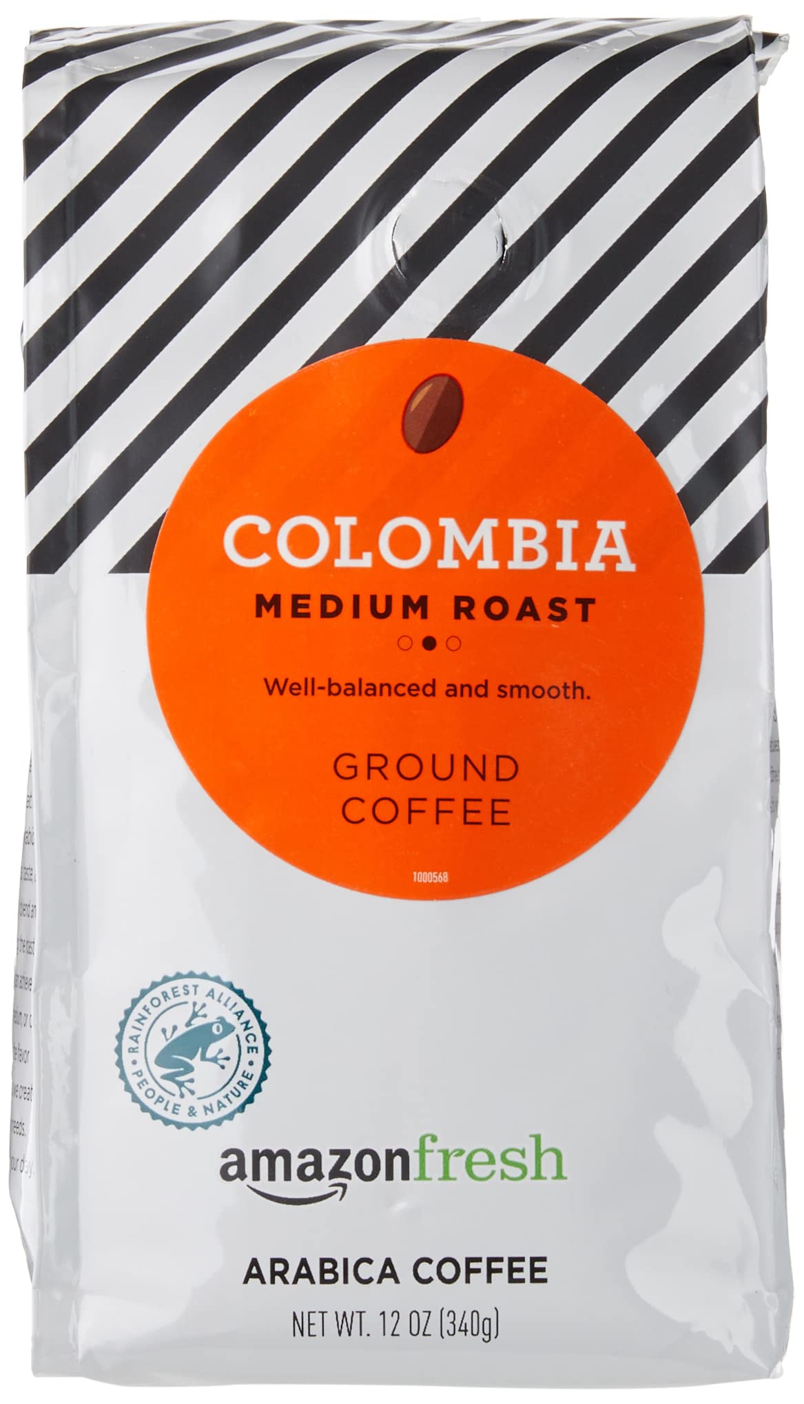 Amazon Fresh Colombia ground coffee pack showing three bags for convenient daily use.
