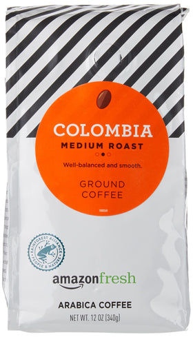 Amazon Fresh Colombia ground coffee pack showing three bags for convenient daily use.