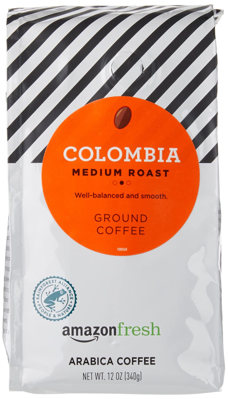 Amazon Fresh Colombia ground coffee pack showing three bags for convenient daily use.