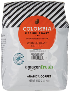 Amazon Fresh Colombia whole bean coffee bag 32 oz with premium Arabica aroma