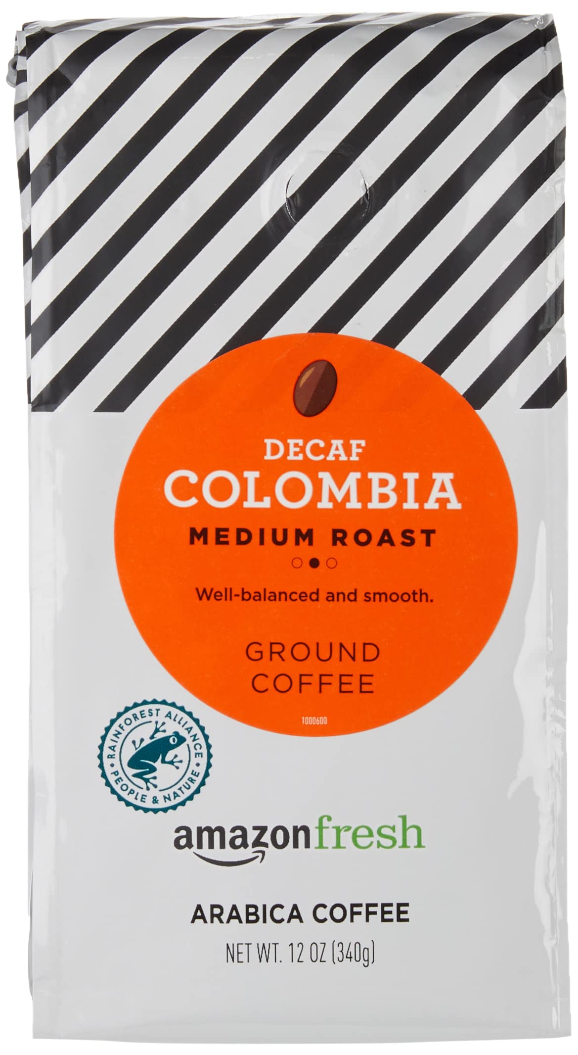 Amazon Fresh decaf Colombia ground coffee pack front view for everyday brewing.