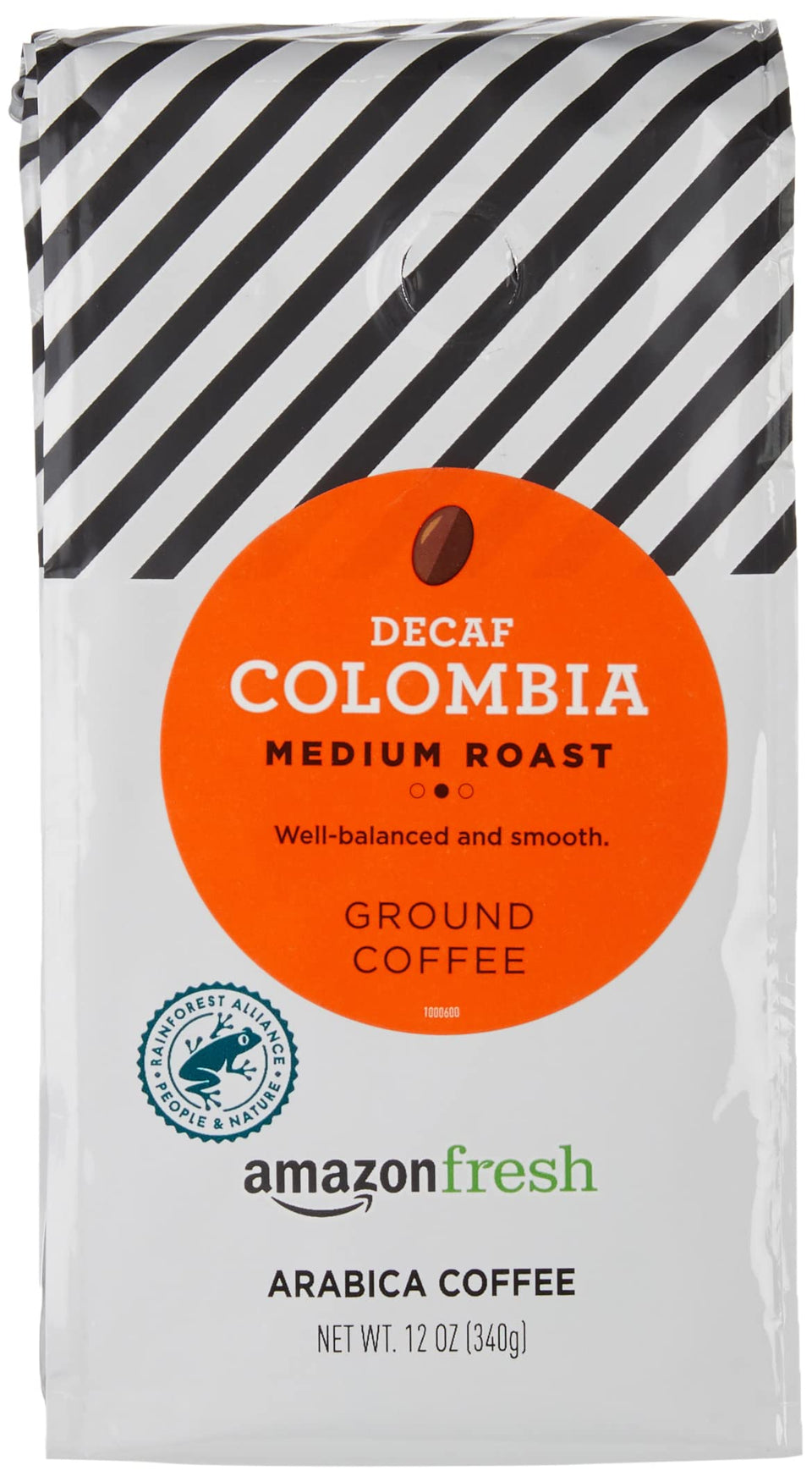 Amazon Fresh decaf Colombia ground coffee pack front view for everyday brewing.