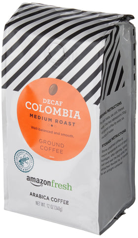 Amazon Fresh decaf Colombia ground coffee three-pack emphasizes convenience.