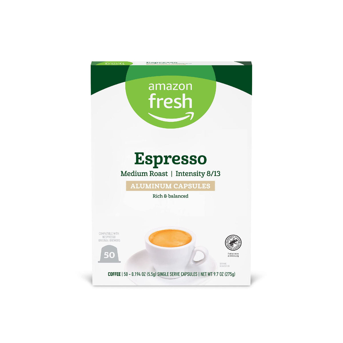 Amazon Fresh espresso capsules packaging for quick at-home espresso.