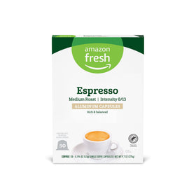 Amazon Fresh espresso capsules packaging for quick at-home espresso.