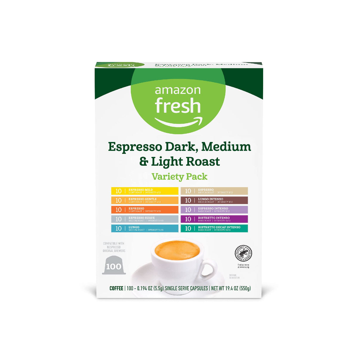 Amazon Fresh espresso dark aluminum capsules for Nespresso, bold flavor options at home.