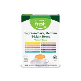 Amazon Fresh espresso dark aluminum capsules for Nespresso, bold flavor options at home.
