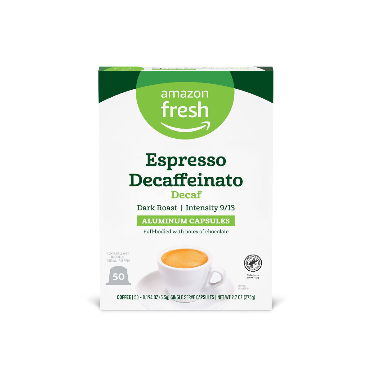 Amazon Fresh Espresso Decaffeinato dark roast capsule ready for morning decaf