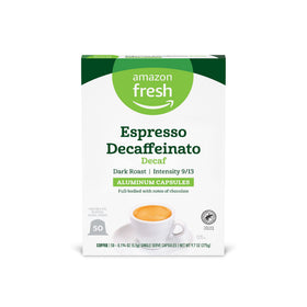 Amazon Fresh Espresso Decaffeinato dark roast capsule ready for morning decaf