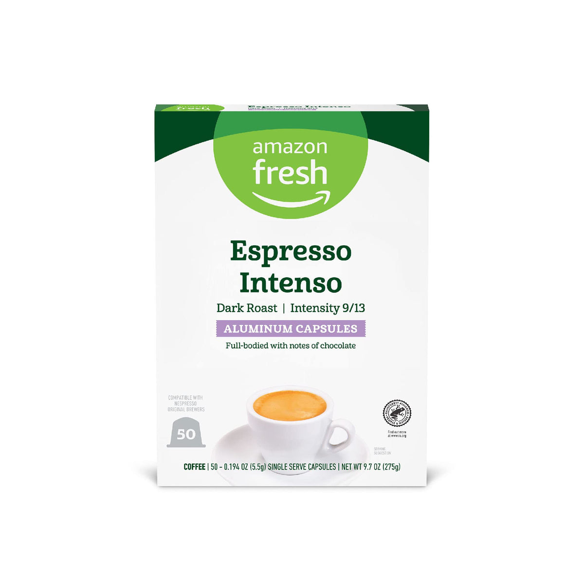 Amazon Fresh Espresso Intenso capsules pack on a kitchen counter for bold mornings