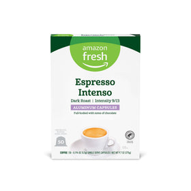 Amazon Fresh Espresso Intenso capsules pack on a kitchen counter for bold mornings