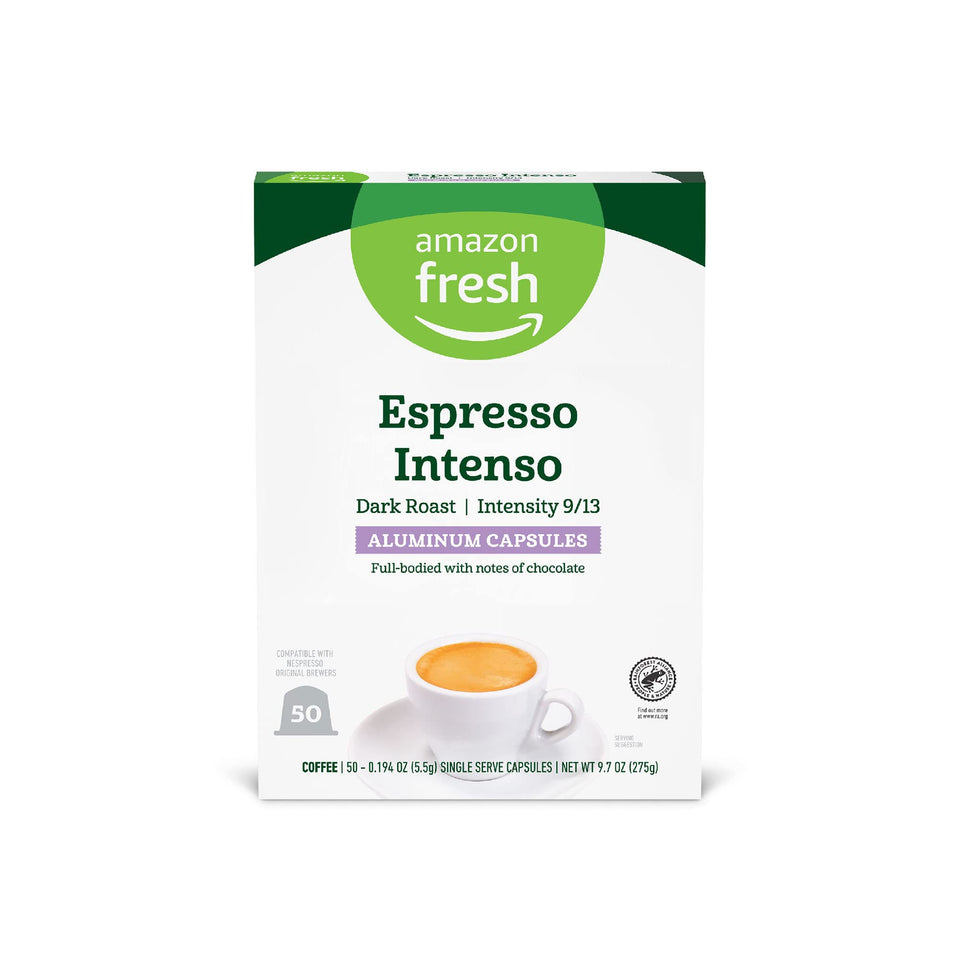 Amazon Fresh Espresso Intenso capsules pack on a kitchen counter for bold mornings