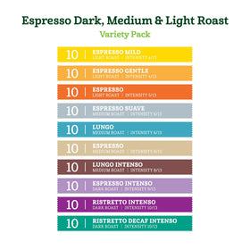 Amazon Fresh espresso light aluminum capsules for a gentler, clearer coffee.