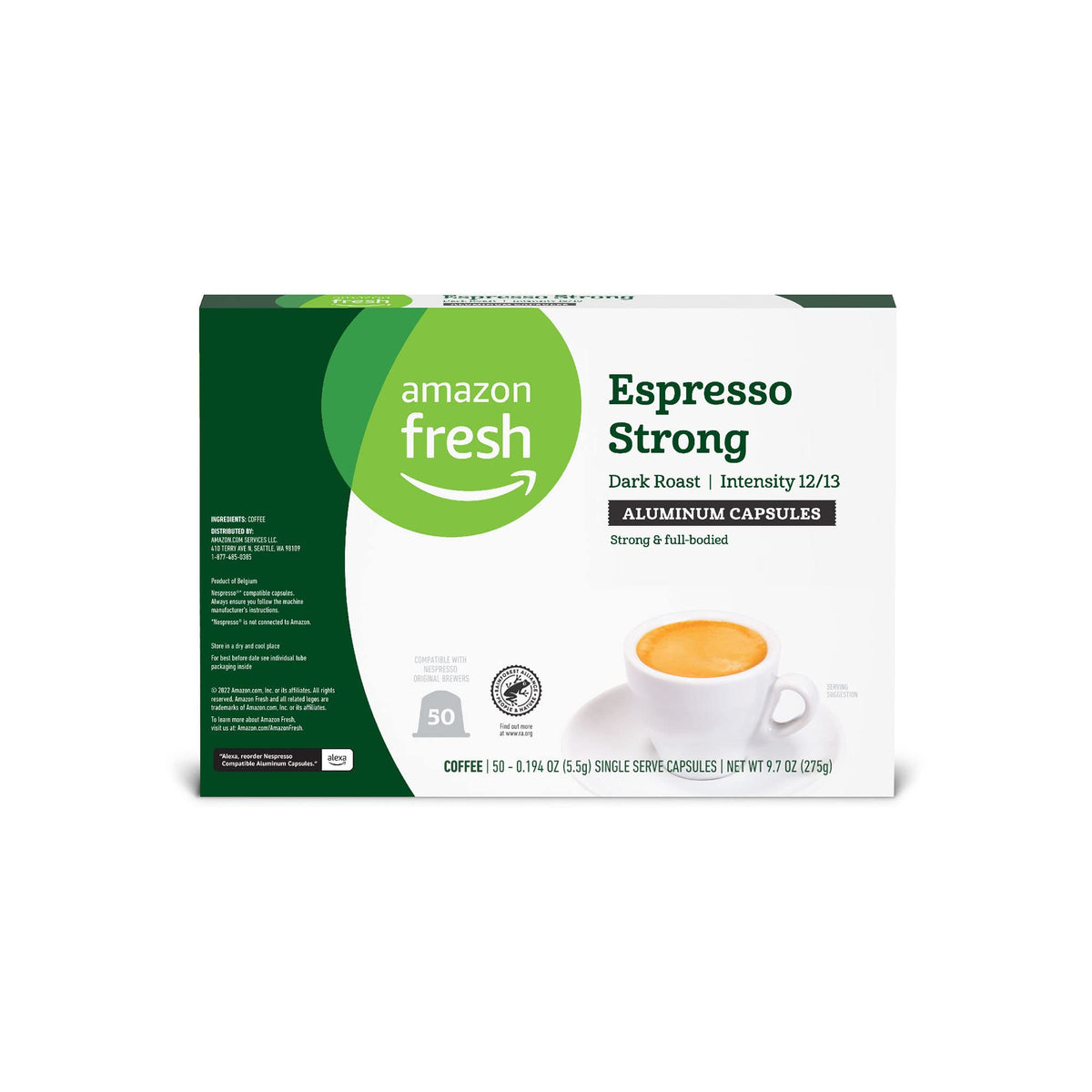 Belgium-made Amazon Fresh Espresso capsules label indicating origin