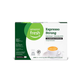 Belgium-made Amazon Fresh Espresso capsules label indicating origin