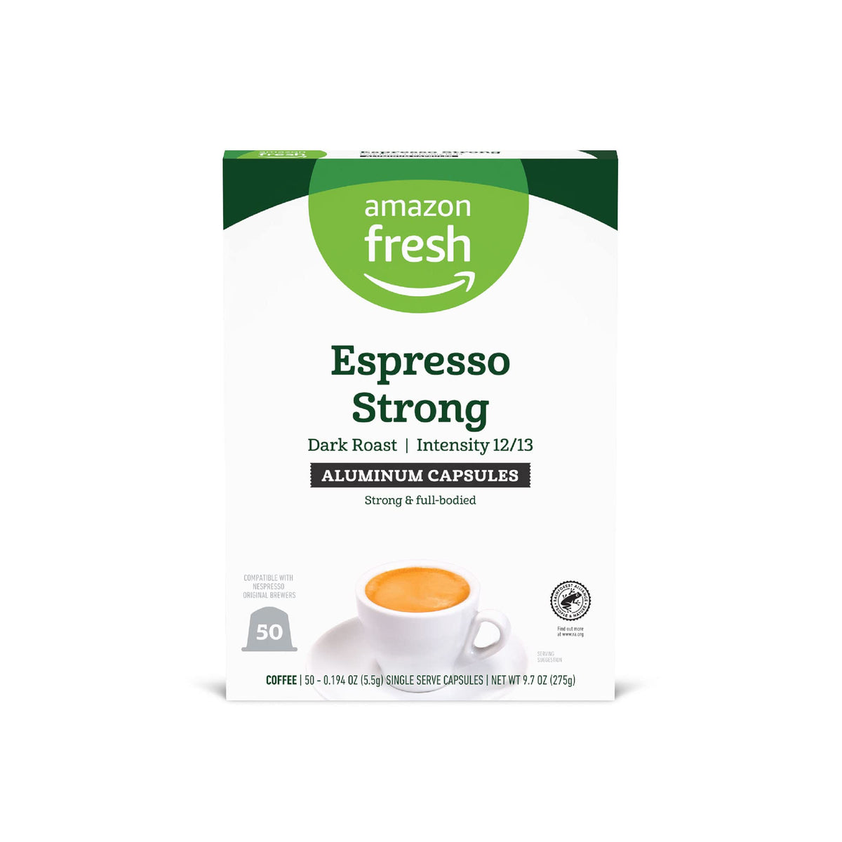 Amazon Fresh Espresso Strong Dark Roast capsules in a box for convenient home brewing