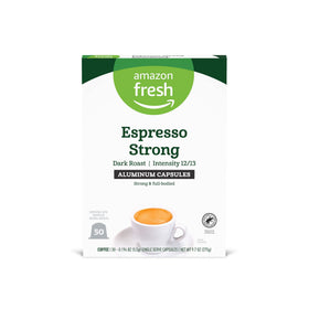 Amazon Fresh Espresso Strong Dark Roast capsules in a box for convenient home brewing