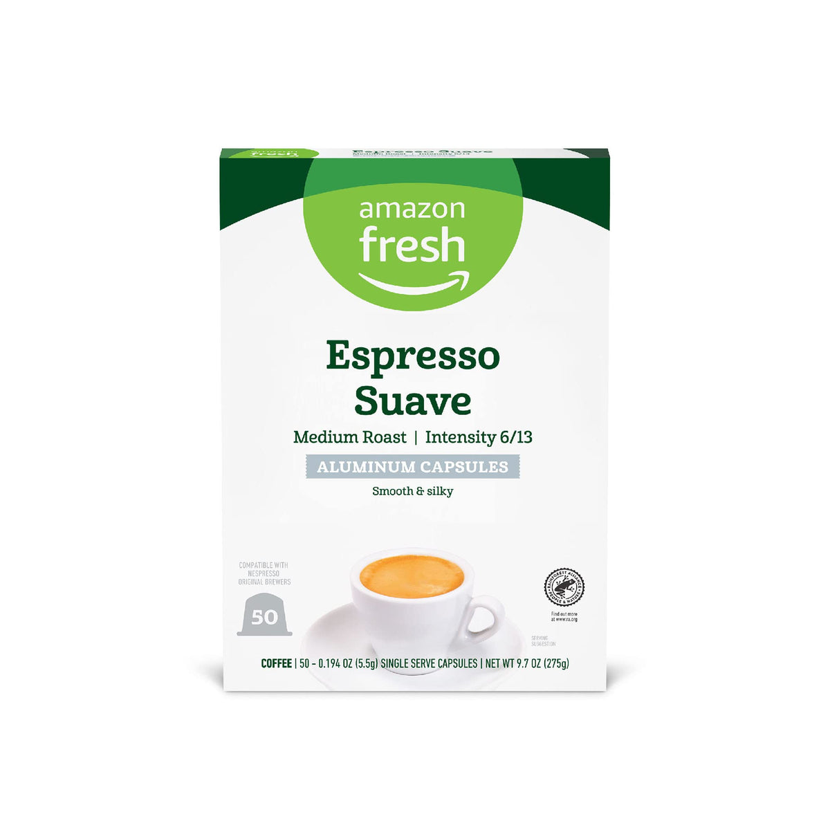 Amazon Fresh Espresso Suave capsules deliver a smooth, silky espresso at home.