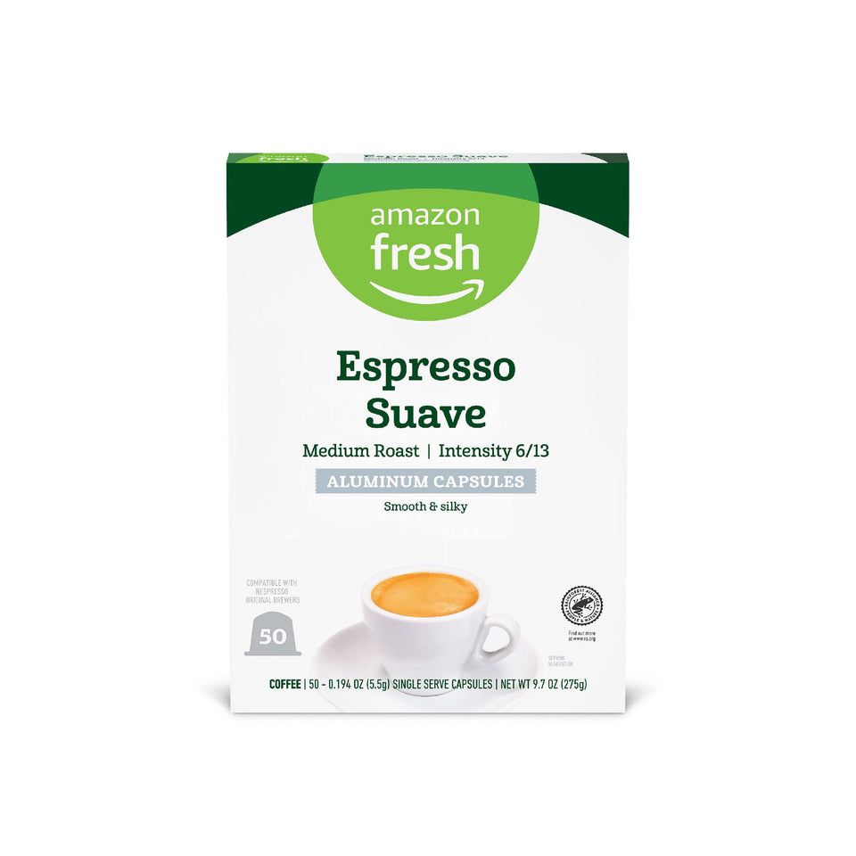 Amazon Fresh Espresso Suave capsules deliver a smooth, silky espresso at home.