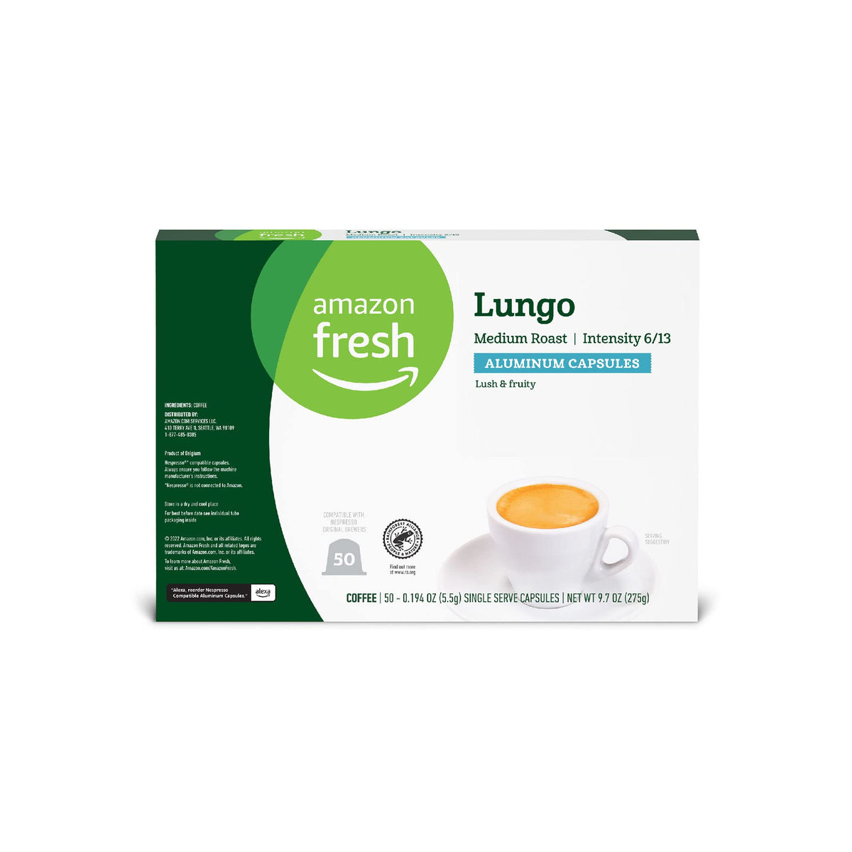 Amazon Fresh Espresso Lungo packaging highlights Rainforest Alliance certification and sustainability.