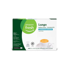 Amazon Fresh Espresso Lungo packaging highlights Rainforest Alliance certification and sustainability.