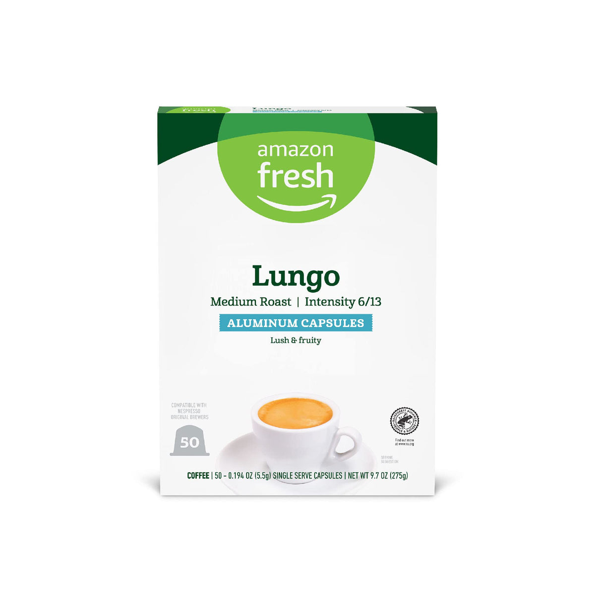 Amazon Fresh Espresso Lungo aluminum capsules packaging designed for Nespresso Original brewers.