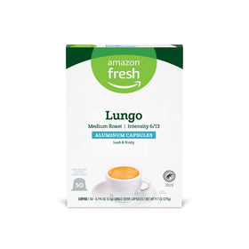 Amazon Fresh Espresso Lungo aluminum capsules packaging designed for Nespresso Original brewers.