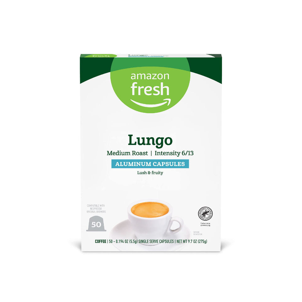 Amazon Fresh Espresso Lungo aluminum capsules packaging designed for Nespresso Original brewers.