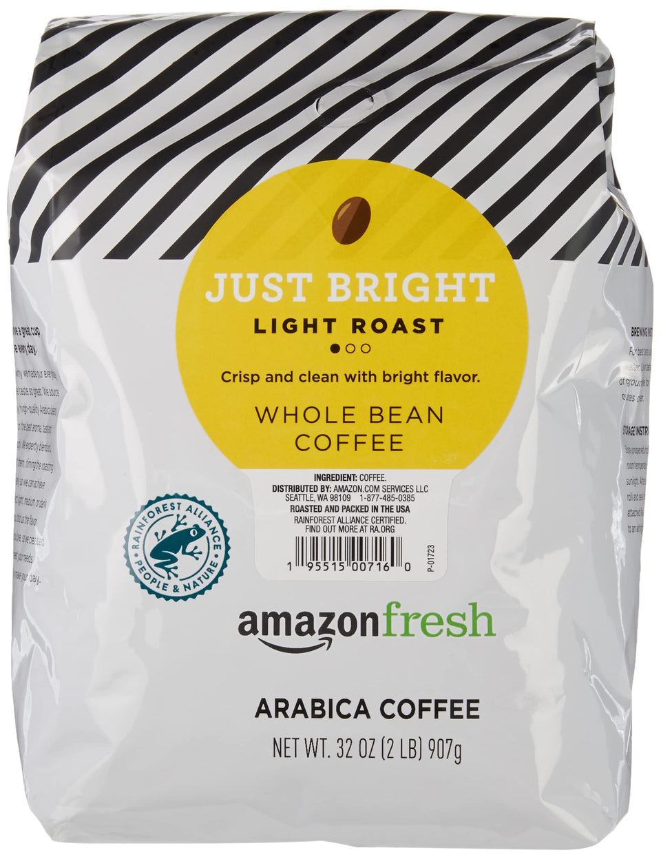 Amazon Fresh Just Bright coffee bag on the counter shows freshness for a bright morning