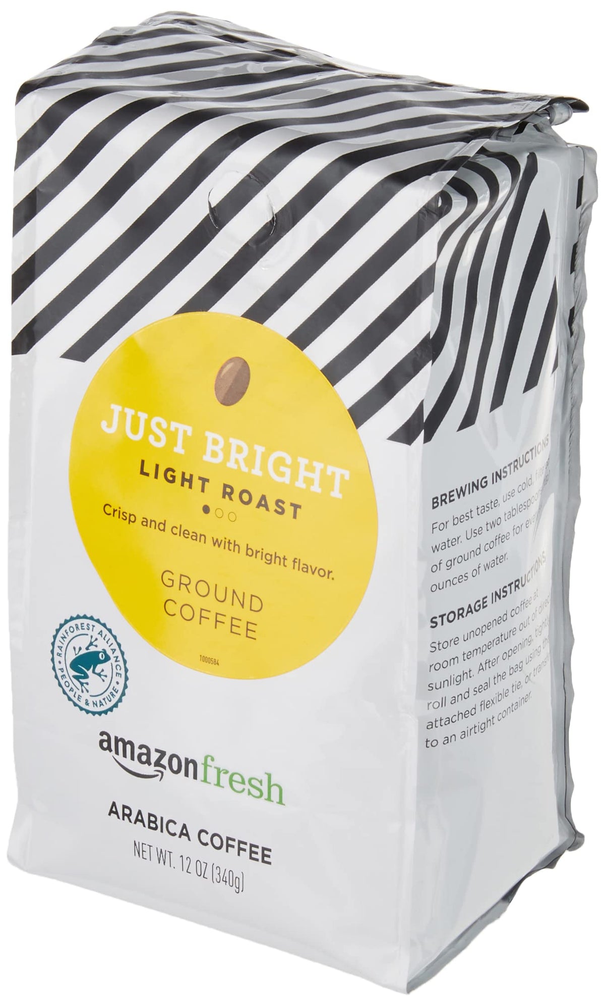 Amazon Fresh Just Bright bag closeup highlights 100% Arabica quality.