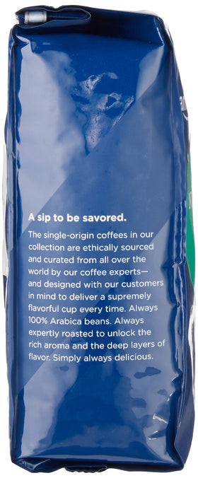 Amazon Fresh coffee bag closeup shows premium whole beans ready to grind.