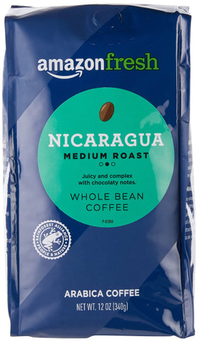 Amazon Fresh Nicaragua coffee three-pack on display offers value for frequent brewing.