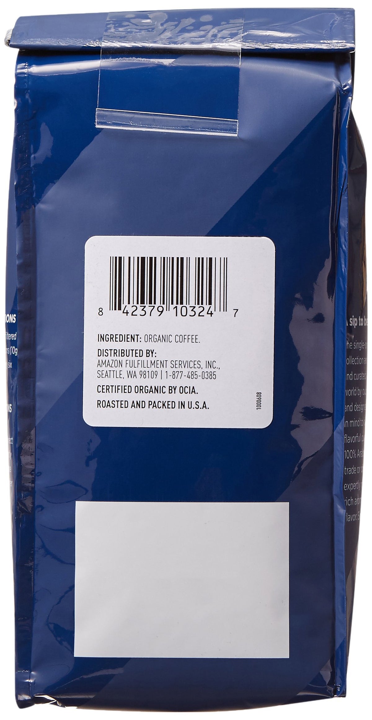 Amazon Fresh Peru coffee packaging label emphasizes Fair Trade and organic sourcing.