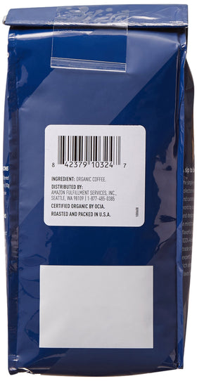 Amazon Fresh Peru coffee packaging label emphasizes Fair Trade and organic sourcing.