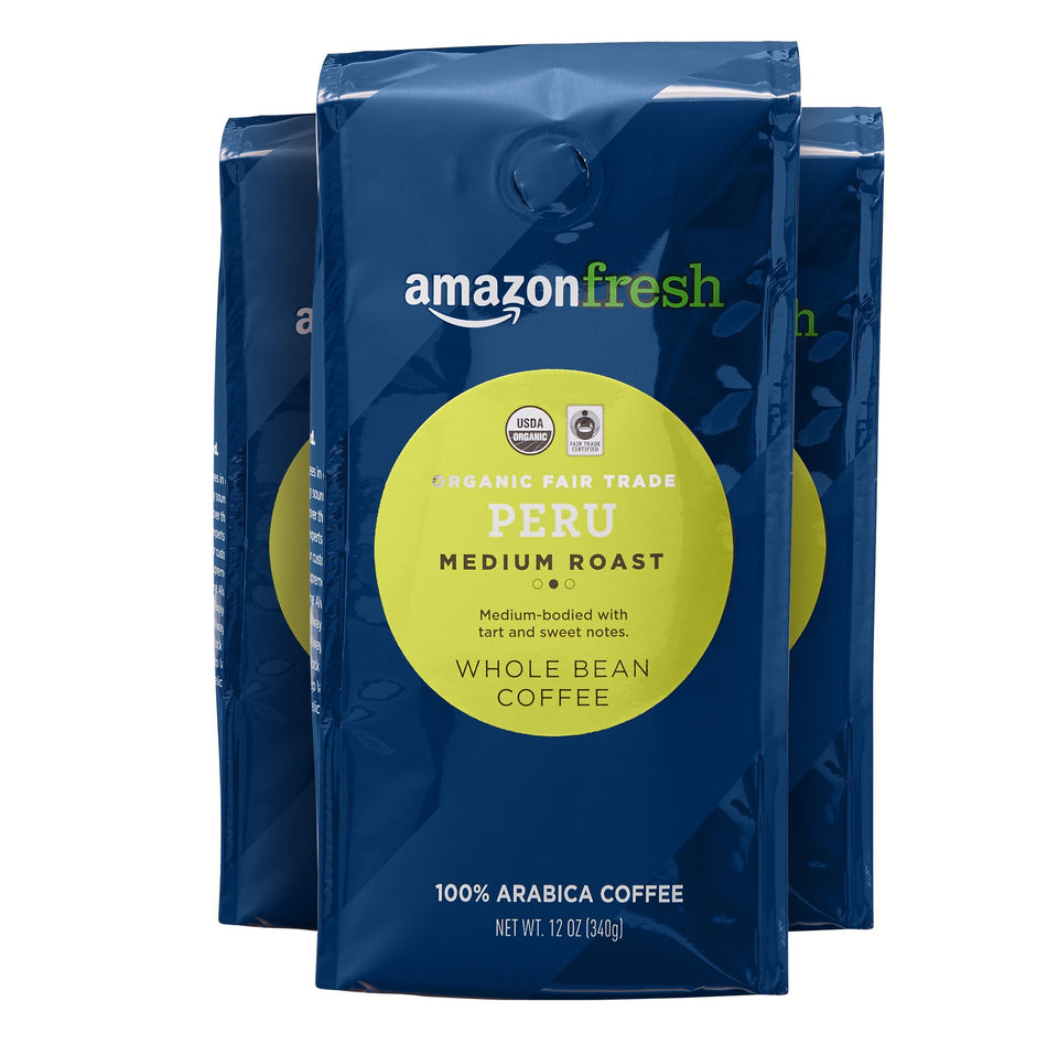 Amazon Fresh Peru whole bean bag showcases premium Arabica flavor for everyday brewing.