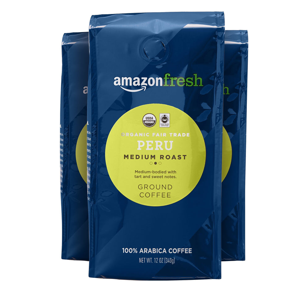 Amazon Fresh Peru Organic ground coffee pack 3 bold flavor for everyday mornings.
