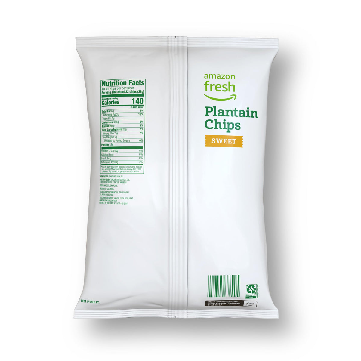 Serving idea: plantain chips in a bowl with dips, Amazon Fresh packaging.