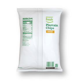 Serving idea: plantain chips in a bowl with dips, Amazon Fresh packaging.