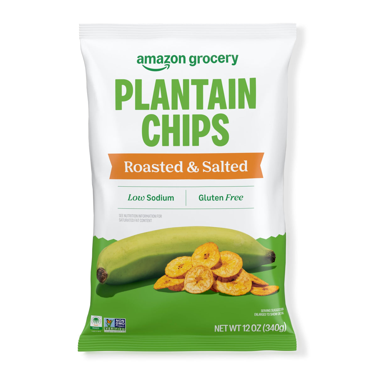 Amazon Fresh roasted salted plantain chips in 4-pack bags, crisp and shareable