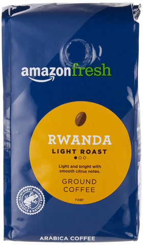 Amazon Fresh Rwanda ground coffee light roast 3-pack with bright citrus notes.