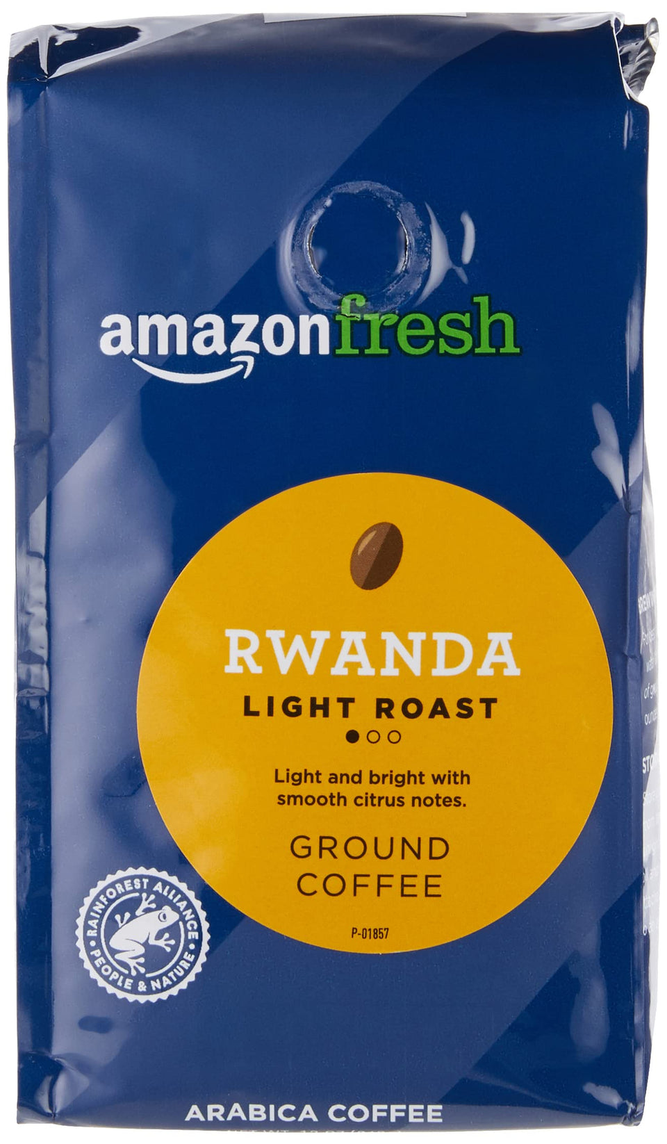 Amazon Fresh Rwanda ground coffee light roast 3-pack with bright citrus notes.