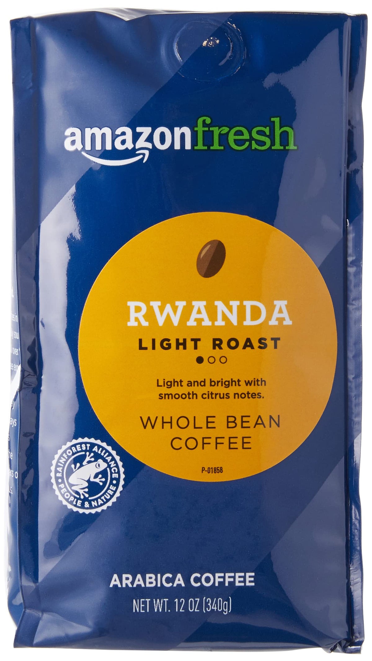 Amazon Fresh Rwanda whole bean coffee front view; fresh aroma ready to grind.