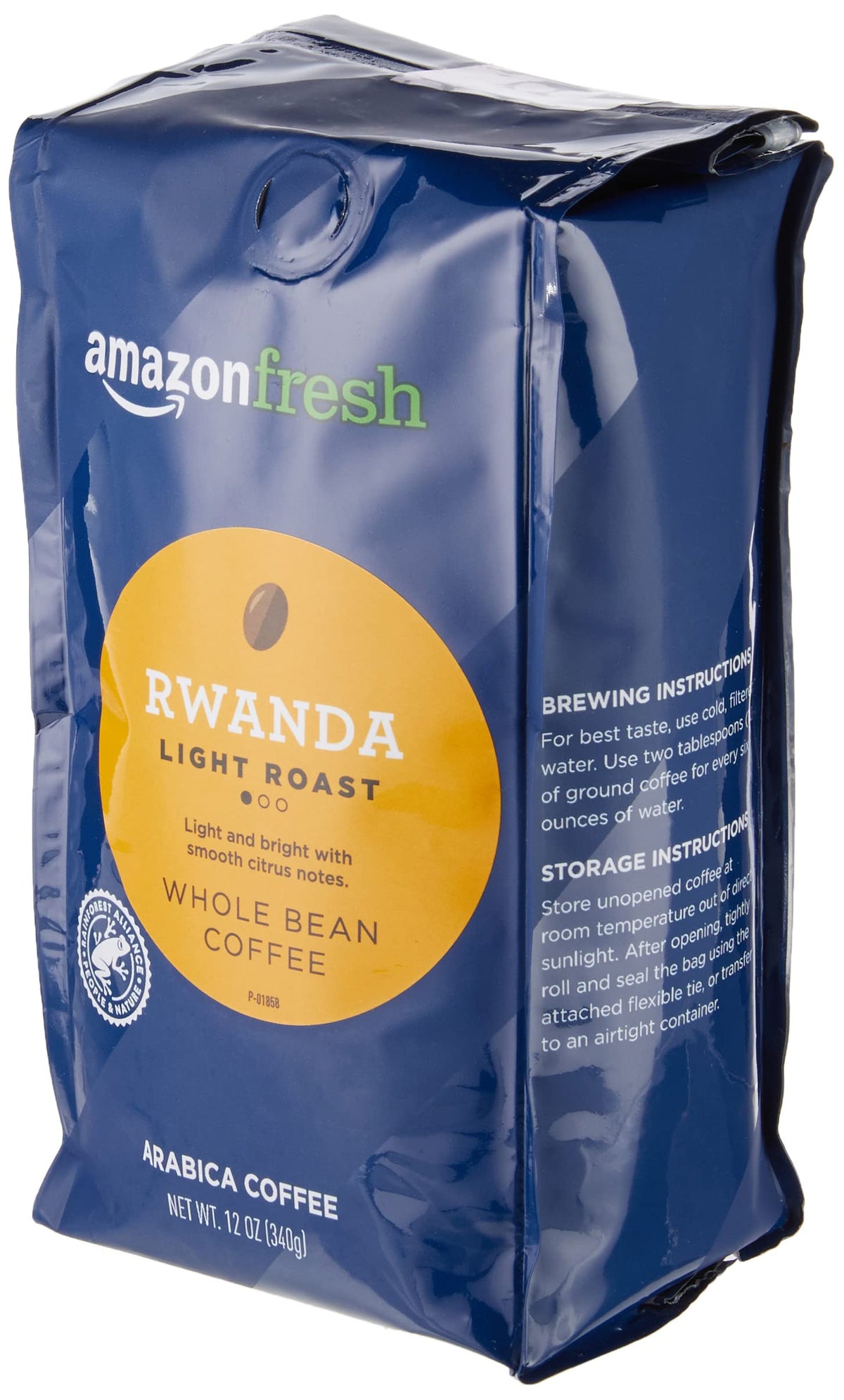 Amazon Fresh Rwanda coffee packaging closeup; reseal keeps freshness intact.